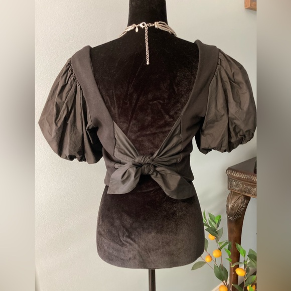 Anthropologie Black Puff Sleeve Top Wrap Top Tie Back 100% Cotton - Picture 4 of 10
